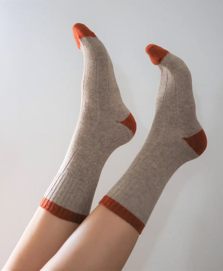 Socken Merinowolle mit Streifen - Beige / Orange