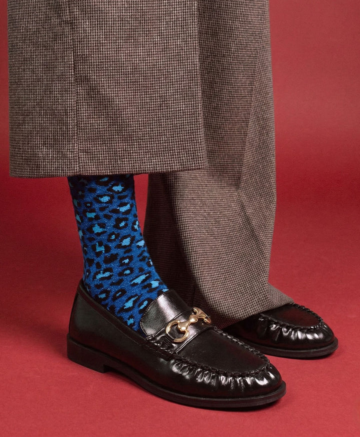 Glitzer Socken Lyocell - Leopard Blau