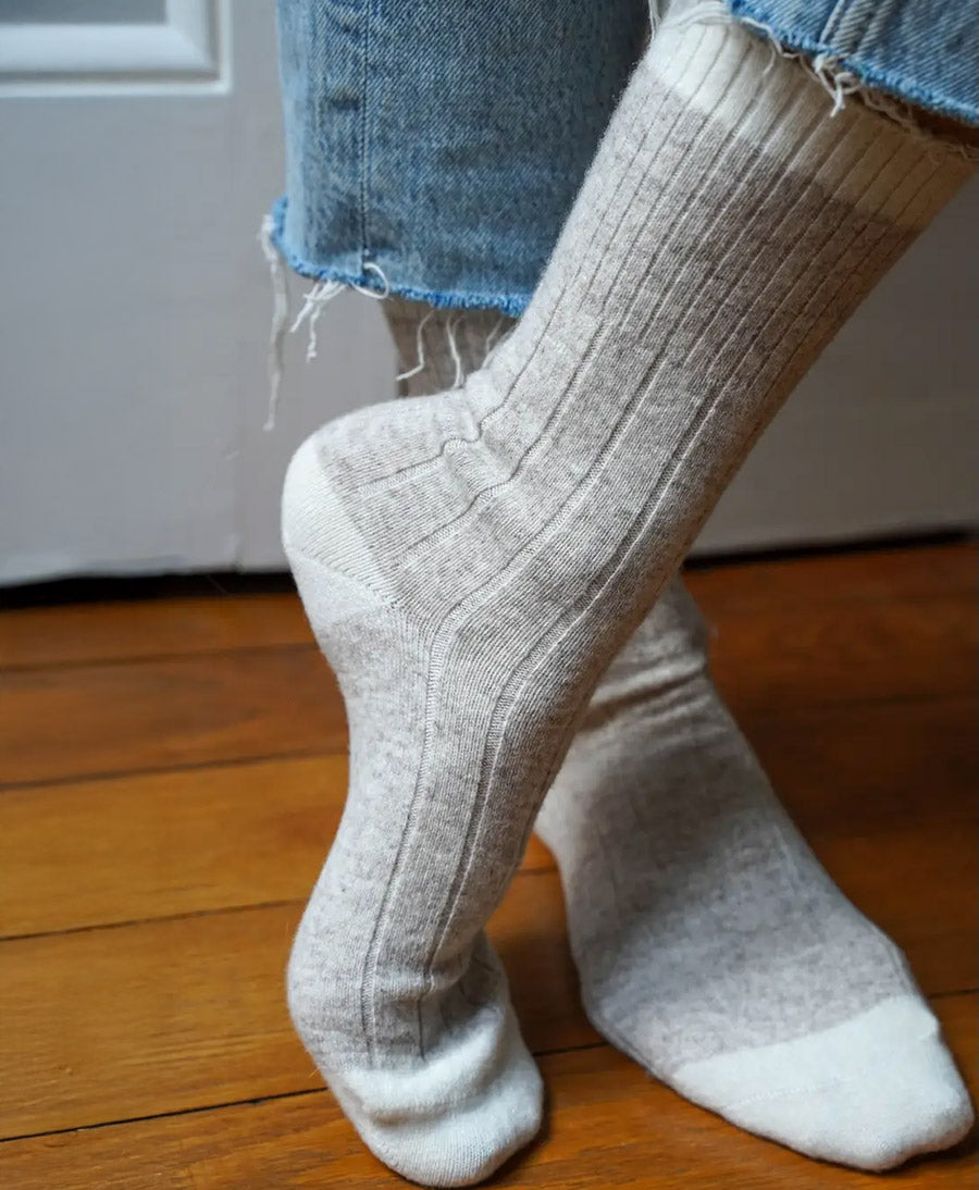 Socken Merinowolle mit Streifen - Sand / Creme