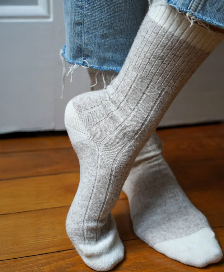 Socken Merinowolle mit Streifen - Sand / Creme