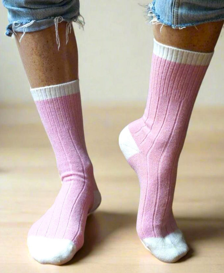 Socken Merinowolle mit Streifen - Rosa / Creme