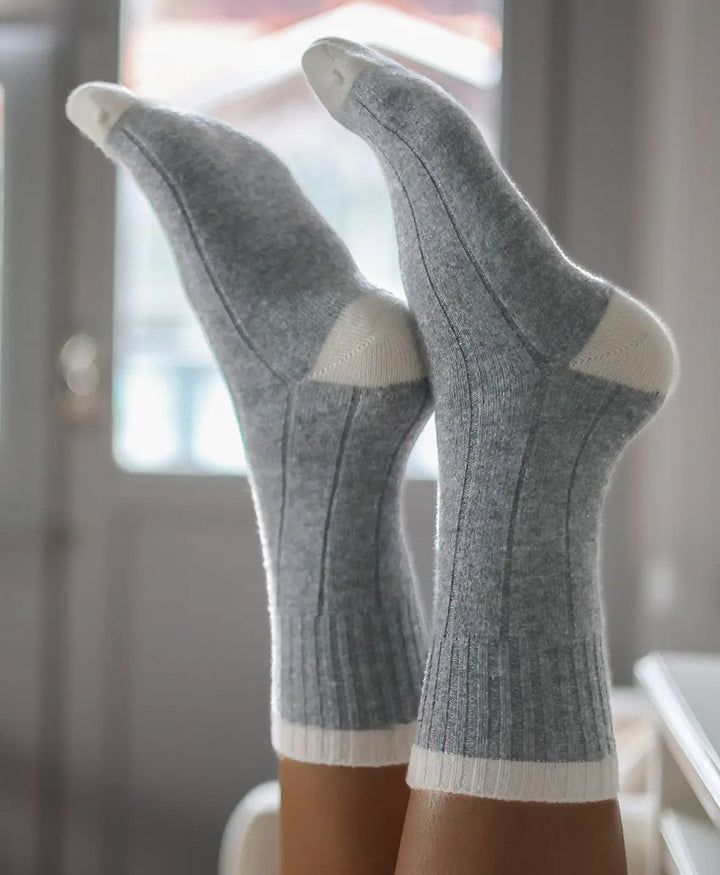 Socken Merinowolle mit Streifen - Hellgrau / Creme