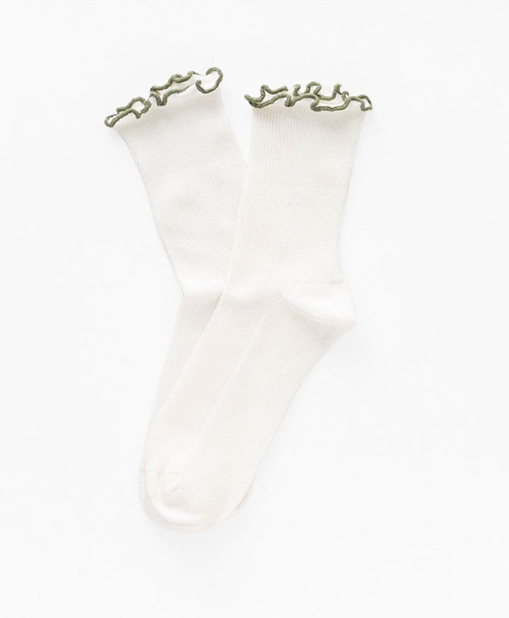 Rüschen Socken - Bio-Baumwolle - Weiss / Khaki