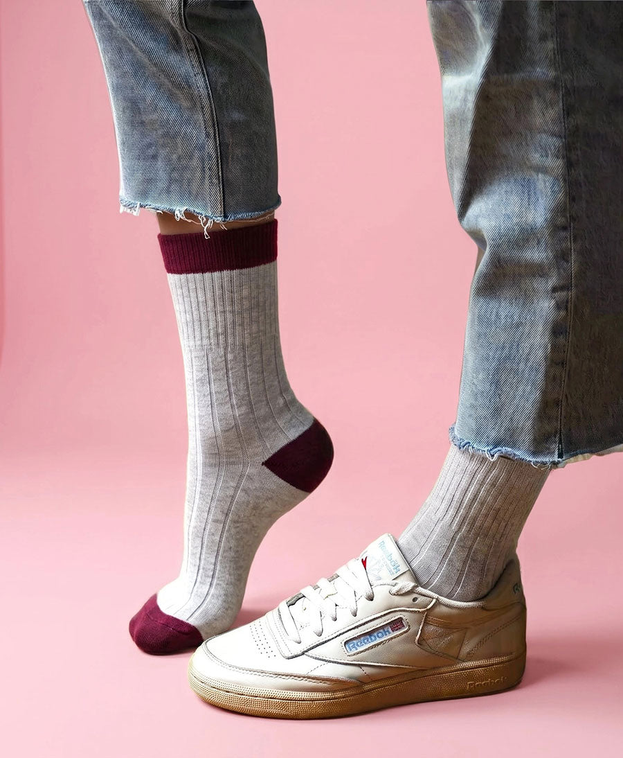 Socken Merinowolle - Sand / Dunkelrot