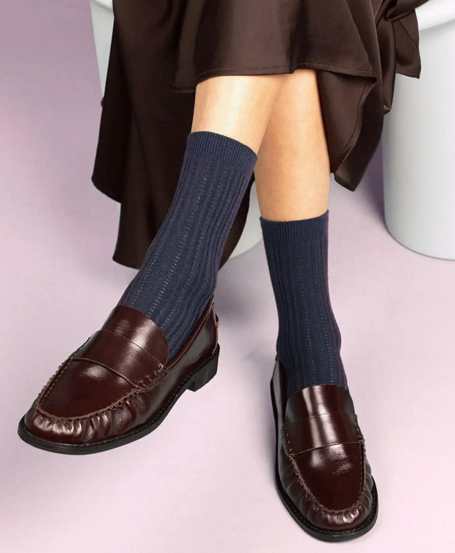 Pointelle Socken - gerippter Feinstrick - Dunkelblau