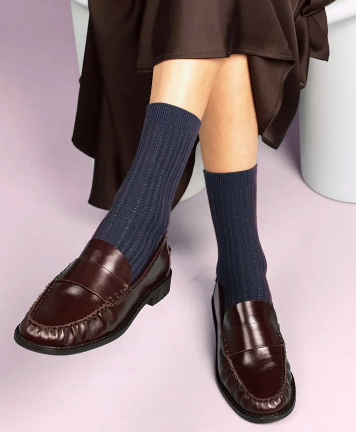 Pointelle Socken - gerippter Feinstrick - Dunkelblau