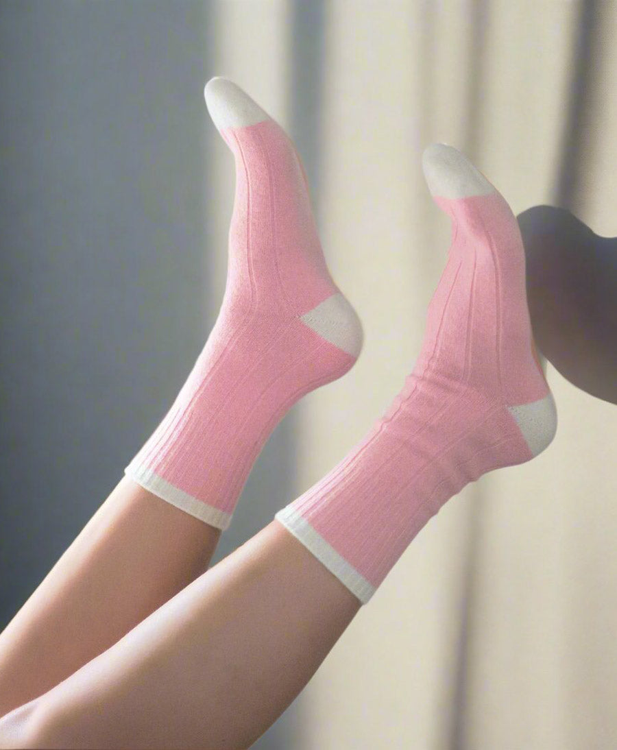 Socken Merinowolle mit Streifen - Rosa / Creme