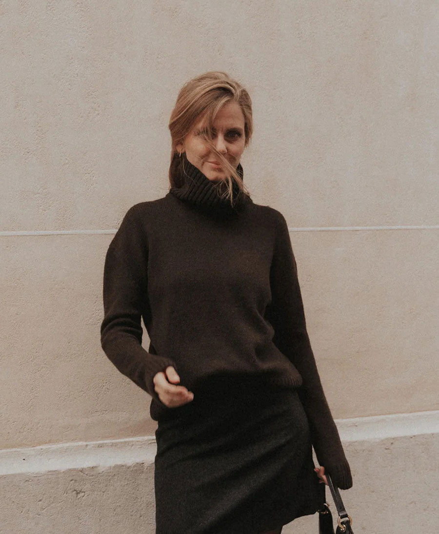 Rollkragenpullover - Kaschmir/Seide - Dunkelbraun
