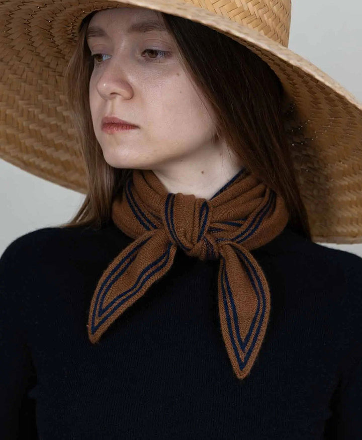 Kleiner Gestrickter Schal / Foulard aus Kaschmir - Cognac / Blau