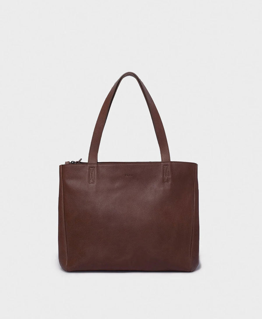 Schultertasche mit Reissverschluss "Tote Bag" aus dunkelbraunem Leder