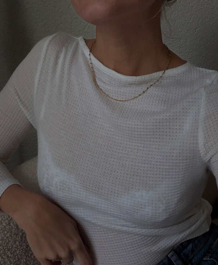 Merino Langarm-Shirt mit U-Boot-Ausschnitt - Weiss