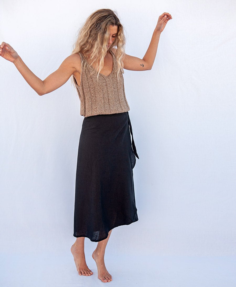 Wrap Skirt Rio - Wickelrock aus schwarzer Leinen - Black - JUNGLE FOLK - clomes