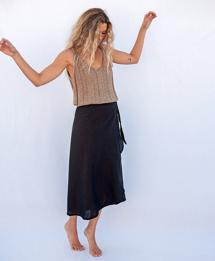 Wrap Skirt Rio - Wickelrock aus schwarzer Leinen - Black - JUNGLE FOLK - clomes