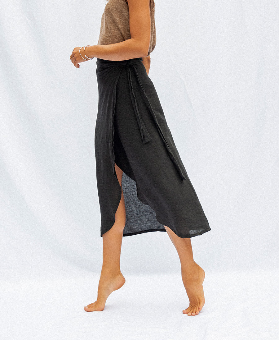 Wrap Skirt Rio - Wickelrock aus schwarzer Leinen - Black - JUNGLE FOLK - clomes